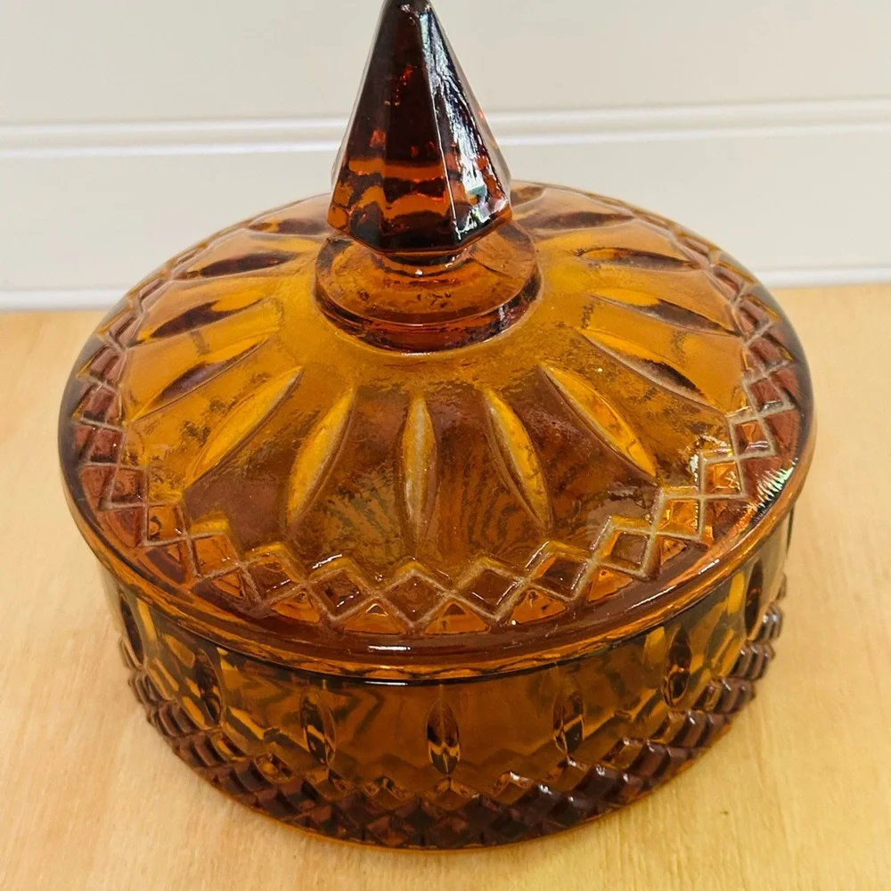 Indiana Glass Amber Pressed Glass Covered Candy Dish